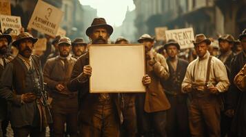 Crowded Cobblestone Street Filled with Vintage Protesters photo