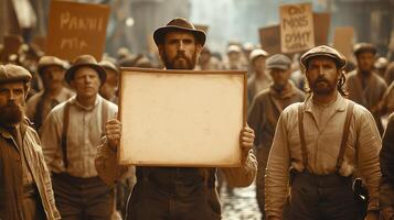 Historical Workers Demonstrating in Vintage Clothing and Signage photo
