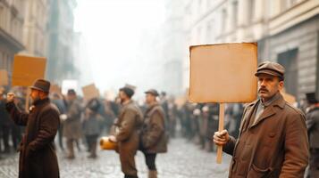 Historical Atmosphere Captured in Workers' Protest on Cobblestones photo