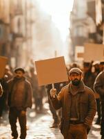 Historical Protest with Workers in Vintage Clothing and Cobblestones photo