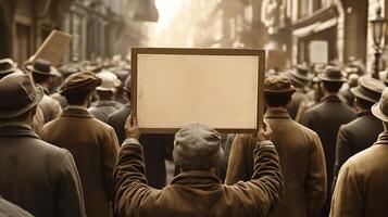 Cobblestone Street Scene Capturing Vintage Workers in Protest photo
