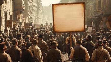 Historical Protest Scene with Workers Holding Blank Signs photo