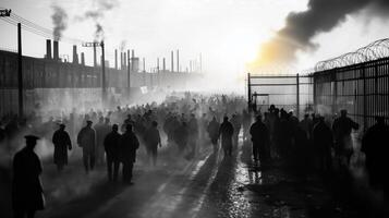 Labor Strike Scene with Smoke Rising in Distance photo