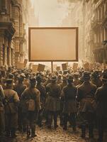 Crowded Street of Vintage Workers in Sepia-Toned Protest Scene photo