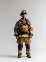 Dynamic Firefighter in Full Equipment Against Bright White Space photo