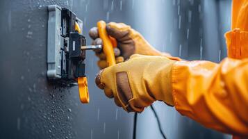 Detailed Close-Up of Electrician Fixing Outdoor Electrical Equipment photo