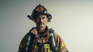 Valiant Firefighter Showcasing Protective Gear with Confidence photo