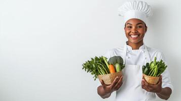 Smiling Chef with Fresh Produce in Bright White Environment photo