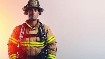 Strong-Willed Firefighter in Full Gear Against Bright Background photo