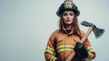 Studio Portrait of Attentive Firefighter with Axe photo
