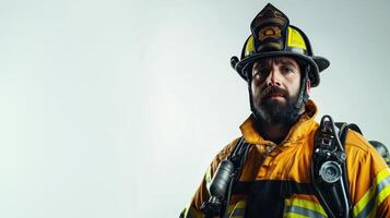 Empowered Firefighter Displaying Full Gear in Minimalist Setting photo