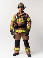 Gallant Firefighter Standing in Complete Gear on White Background photo