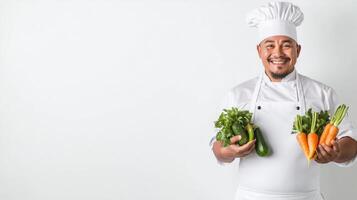 Cheerful Chef Displaying Fresh Ingredients with Chef Hat photo