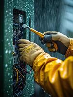Electrician Working on Outdoor Electrical Box as Rain Falls photo