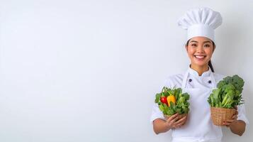 Cheerful Cook Showcasing Fresh Veggies Against White Backdrop photo