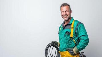 Gardener in Work Clothes Holding Garden Hose Against White Background photo