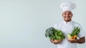 Radiant Chef Holding Seasonal Produce in Spotless Kitchen photo
