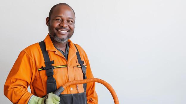 Work Clothes Gardener Posed with Hose and Cheerful Expression photo