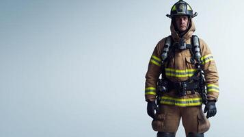 Determined Firefighter Displaying Gear in Clean White Setting photo