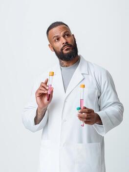 Reflective Scientist Posing with Test Tube in Hand photo