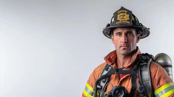 Dedicated Firefighter in Full Equipment Standing Proudly photo