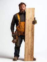 Skilled Carpenter in Tool Belt with Wooden Plank photo