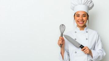 Professional Female Chef Smiling with Cooking Tools in Hand photo
