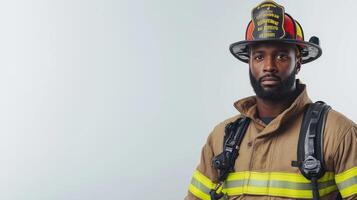 Intrepid Firefighter Displaying Gear in Modern White Setting photo