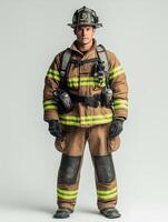 Inspiring Firefighter in Full Uniform Against Simple White Canvas photo