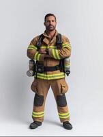Brave Firefighter in Complete Gear Against Minimalist White Canvas photo