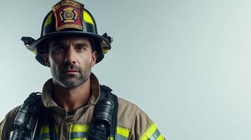 Dynamic Firefighter in Full Uniform Posing Against White Background photo
