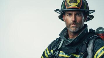 Resolute Firefighter in Full Gear Against Bright White Setting photo