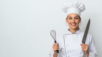 Smiling Chef Ready for Cooking with Knife and Whisk photo