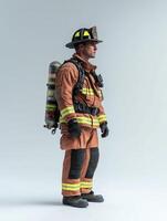 Brave Firefighter Posing Proudly in Complete Gear on White Canvas photo