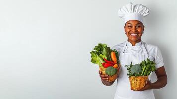 Happy Chef Showcasing Fresh Vegetables in White Apron photo