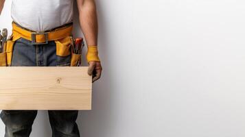Dedicated Carpenter in Tool Belt Against White Backdrop photo