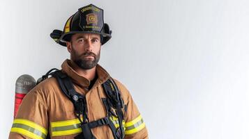 Strong Firefighter Showcasing Gear Against Crisp White Backdrop photo