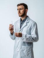 Scientist in Lab Coat Holding Test Tube Against White Background photo
