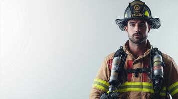 Resolute Firefighter Posing with Gear in Clean White Environment photo