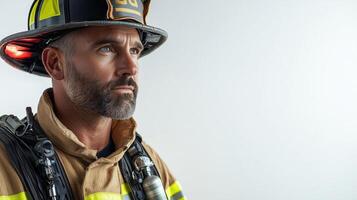 Confident Firefighter in Protective Gear on Simple White Backdrop photo