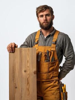 Carpenter Displaying Expertise with Wooden Plank photo