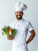 Vibrant Chef Celebrating Fresh Vegetables in Bright Apron photo