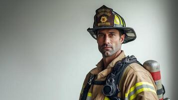 Confident Firefighter in Full Gear Against White Background photo
