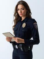 Police Officer in Uniform Displaying Leadership with Notepad photo