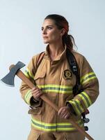 Confident Female Firefighter Displaying Skills with Axe photo