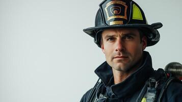 Fearless Firefighter Displaying Confidence in Full Protective Gear photo