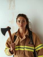 White Background Featuring Strong Female Firefighter photo