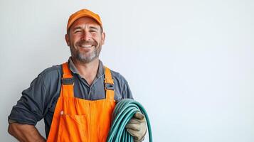 Smiling Gardener with Hose Representing Love for Nature photo