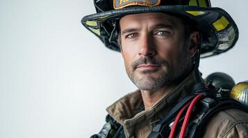 Fearless Firefighter in Full Uniform Standing with Authority photo
