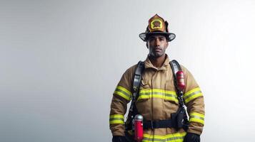 Committed Firefighter in Protective Uniform Displaying Strength photo
